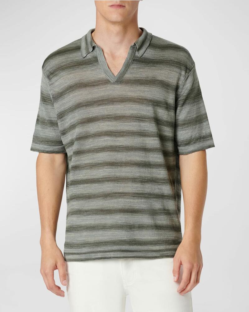 Bugatchi Men's Striped Linen Sweater with Johnny Collar Cover