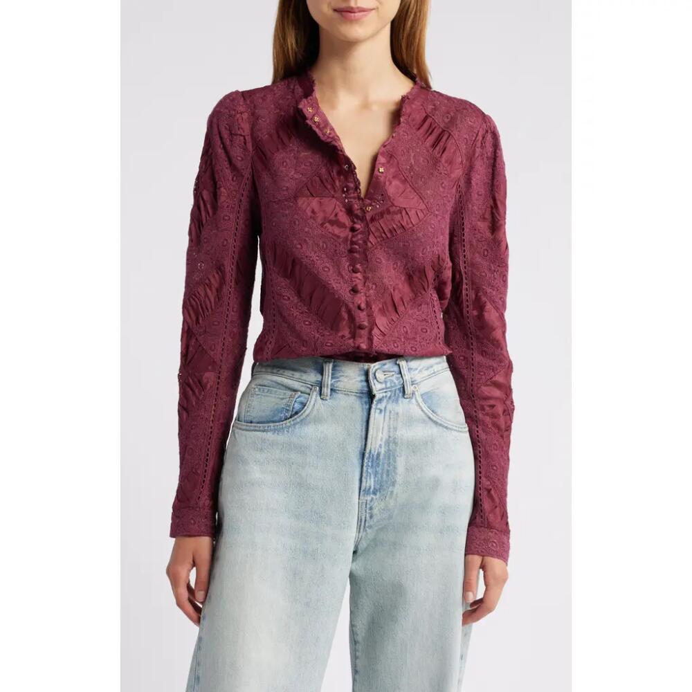 LoveShackFancy Isaline Lace Button-Up Shirt in Oxblood Cover