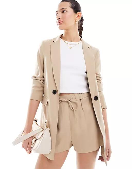 Miss Selfridge soft touch relaxed fit blazer in stone - part of a set-Neutral Cover