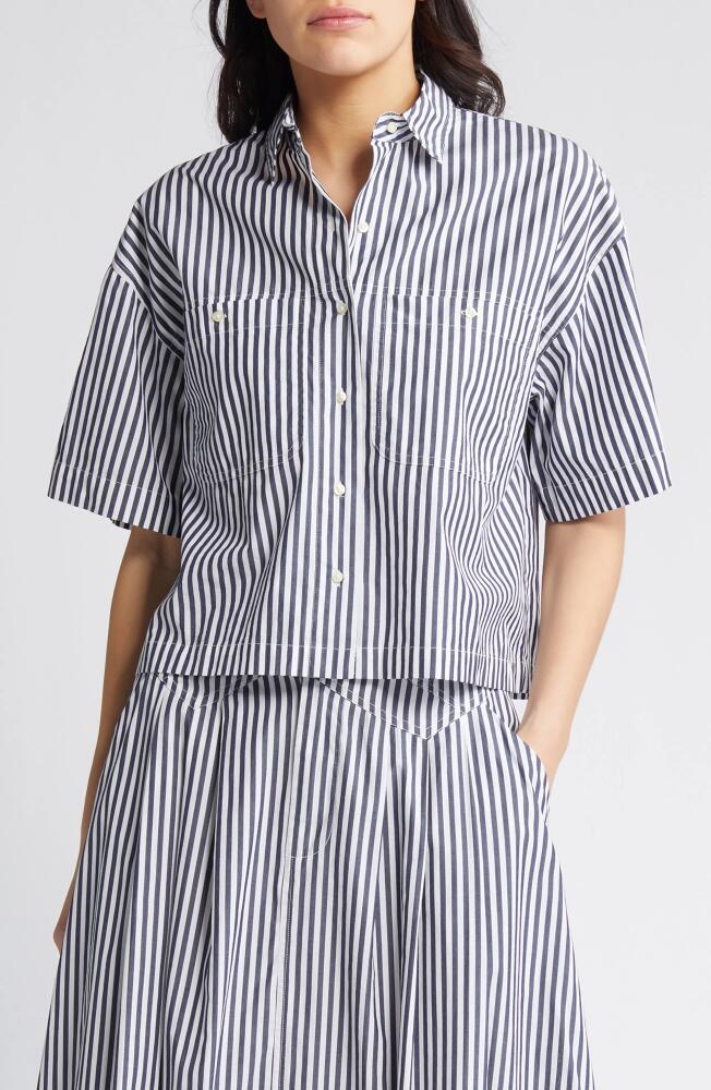 THE GREAT. The Atlas Stripe Cotton Button-Up Shirt in Navy Studio Stripe Cover