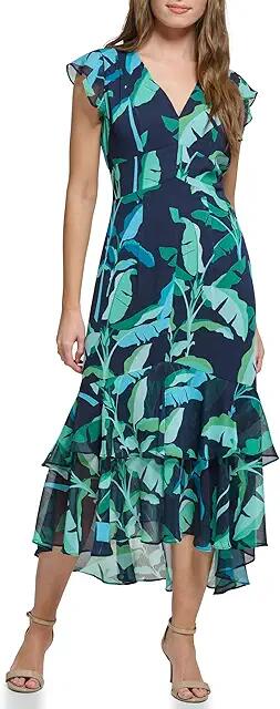 Tommy Hilfiger Leaf Print High-Low Dress (Bright Green Multi) Women's Dress Cover