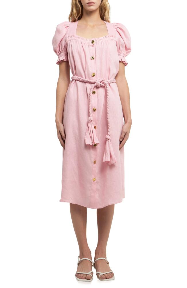 English Factory Puff Sleeve Button Front Linen Dress in Pink Cover