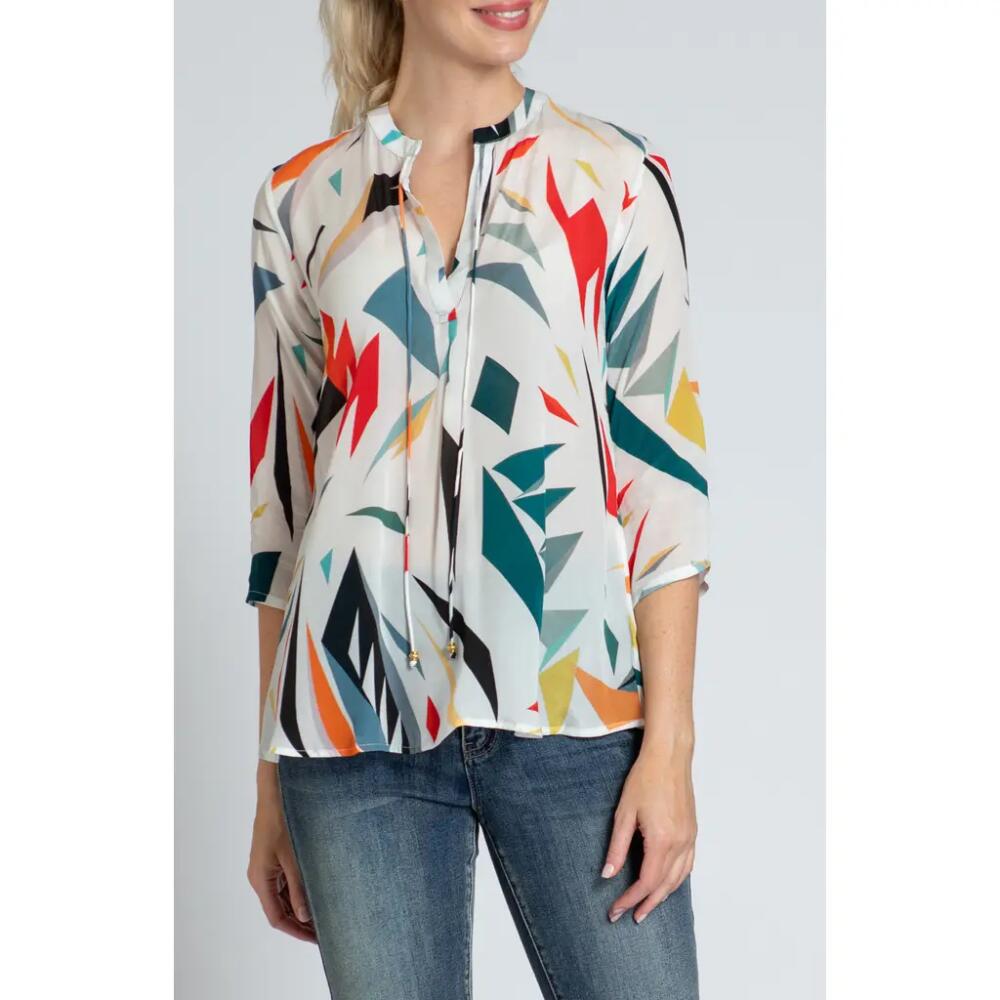 APNY Print Tassel Split Neck Chiffon Top in Red Multi Cover