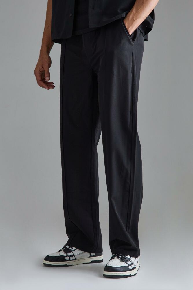 Mens Elasticated Waist Technical Stretch Relaxed Pintuck Pants - Black Cover