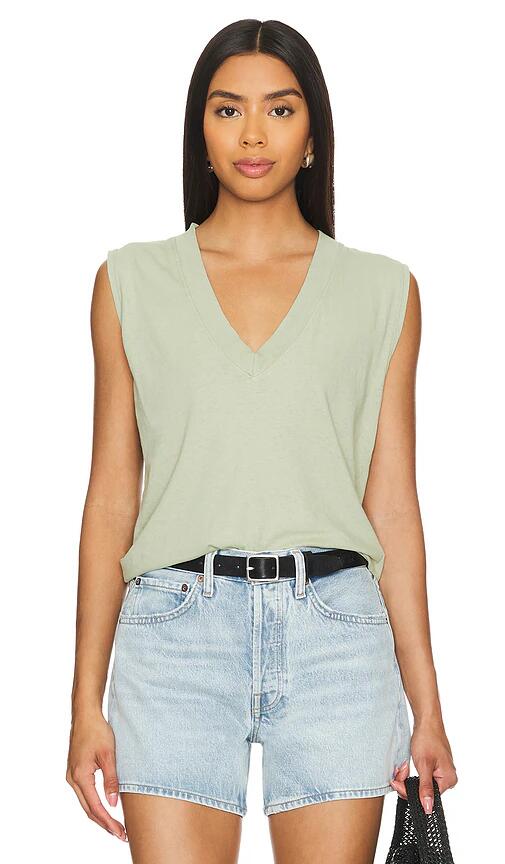 perfectwhitetee Sleeveless V Neck Tee in Sage Cover