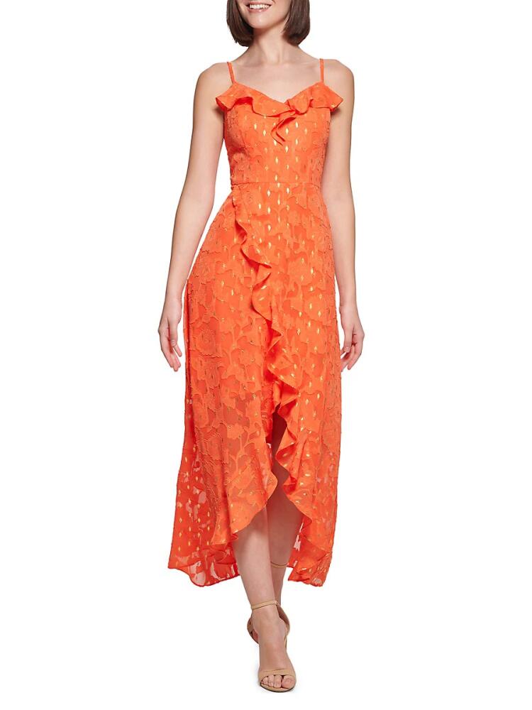 Kensie Women's Ruffle Trim Lace Chiffon Midi Dress - Orange Cover