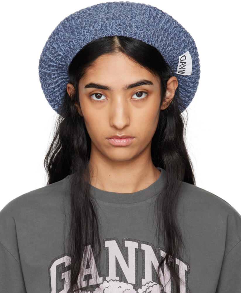 GANNI Blue Wool Rib Knit Beret Cover