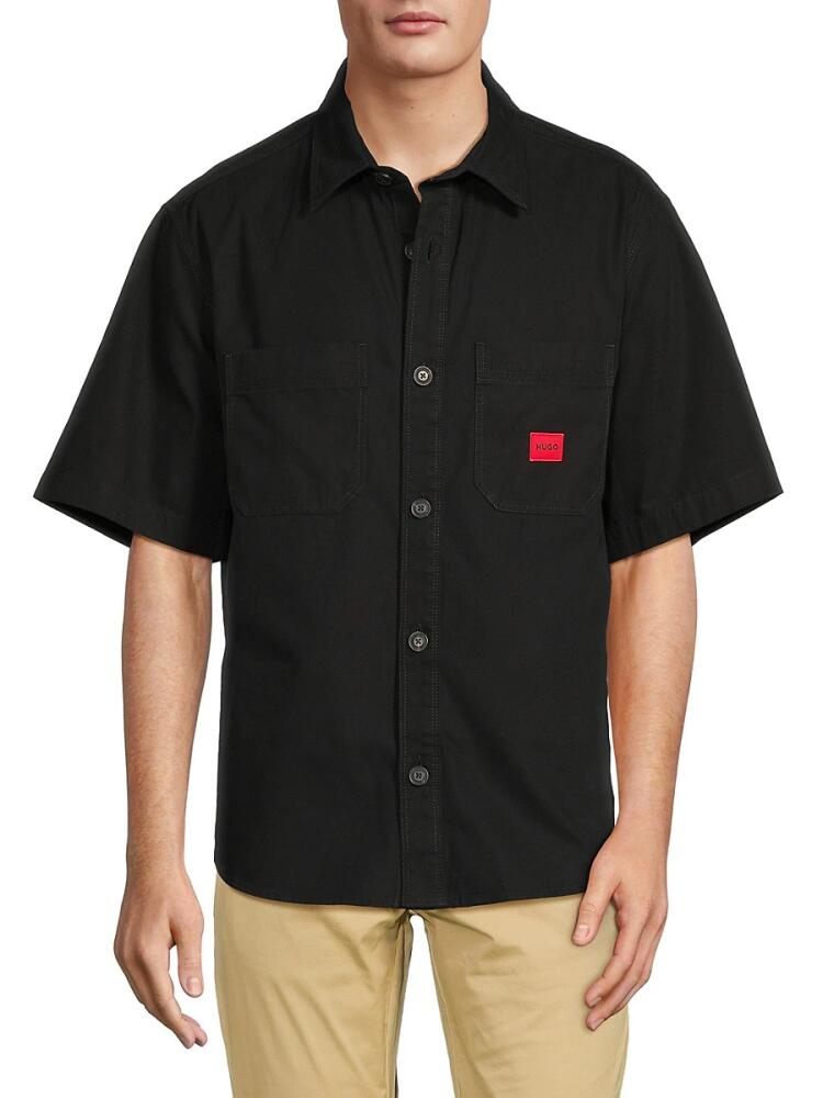 HUGO Men's Eratino Short Sleeve Box Logo Button Down Shirt - Black Cover