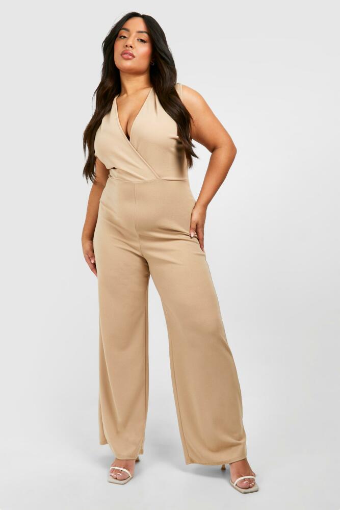 boohoo Womens Plus Plunge Wide Leg Jumpsuit - Beige Cover