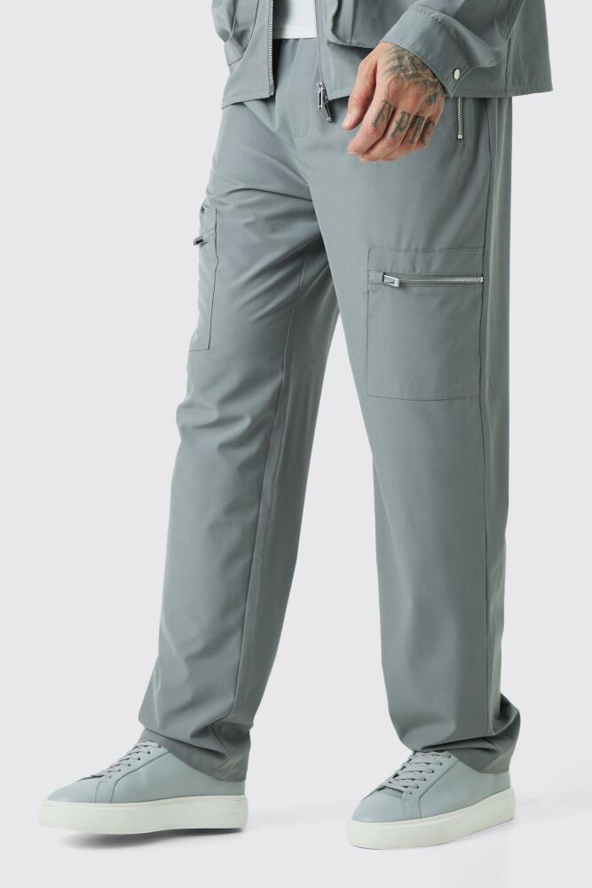 Mens Tall Technical Stretch Elasticated Waist Utility Cargo Trous - Grey Cover