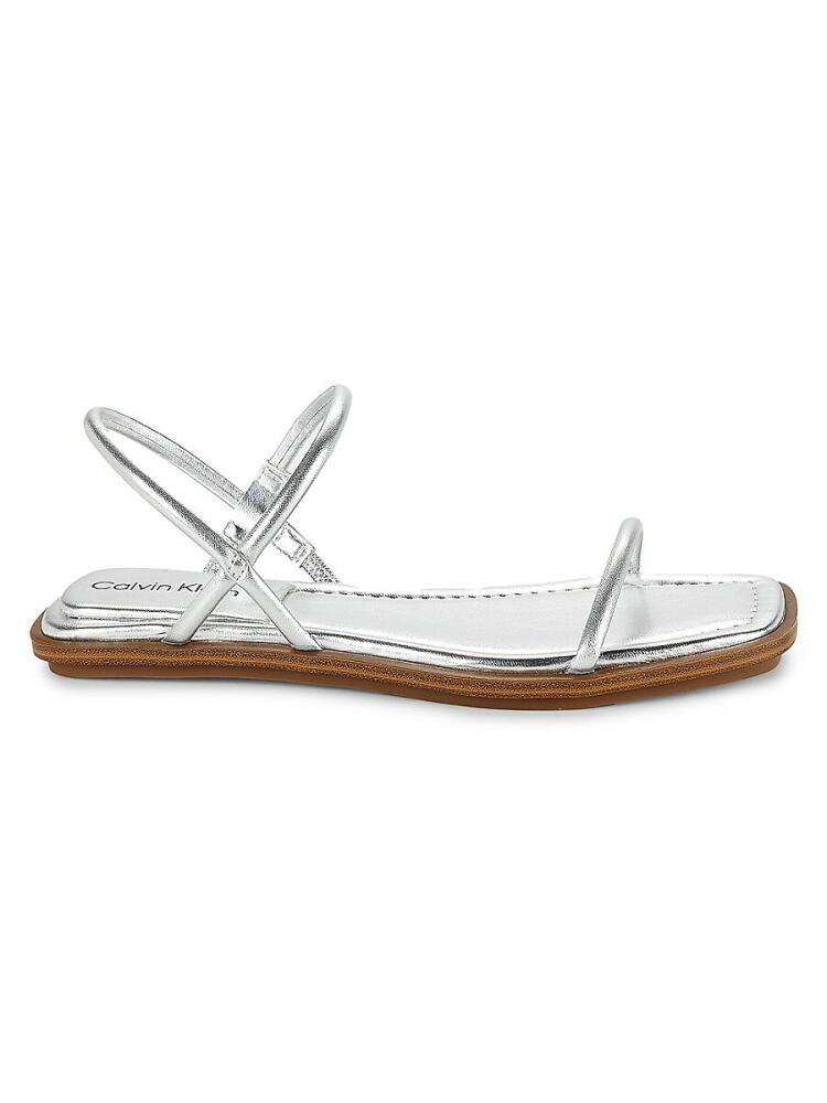 Calvin Klein Women's Prue Strappy Leather Flat Sandals - Silver Cover