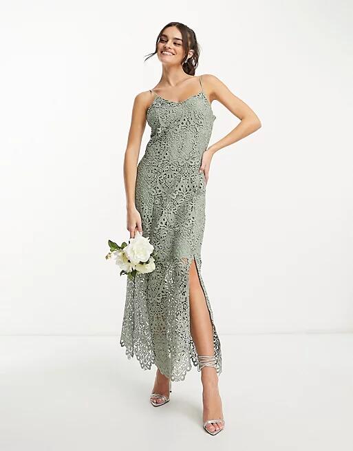 YAS Bridesmaid embroidered strappy pencil midi dress in sage-Green Cover