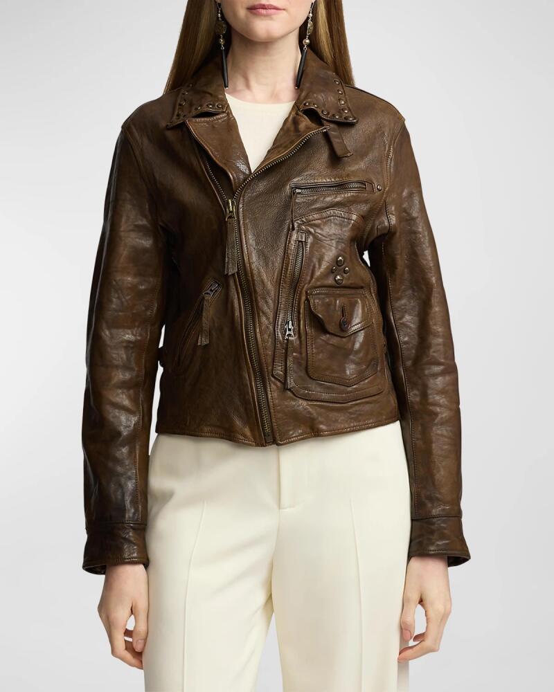 Ralph Lauren Collection Andrea Studded Leather Distressed Moto Jacket Cover