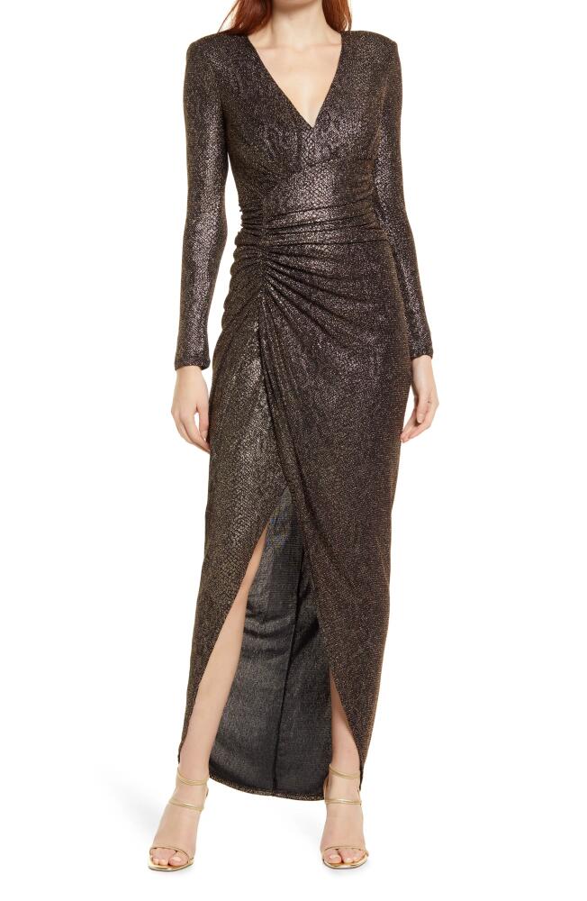 Vince Camuto Metallic Snake Print Long Sleeve V-Neck Gown in Gold Cover