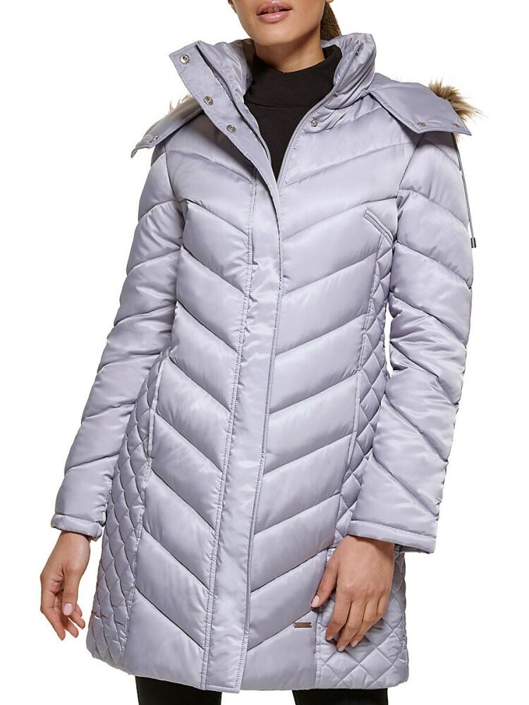 Kenneth Cole Women's Quilted Faux Fur Hood Heavyweight Puffer Coat - Light Grey Cover