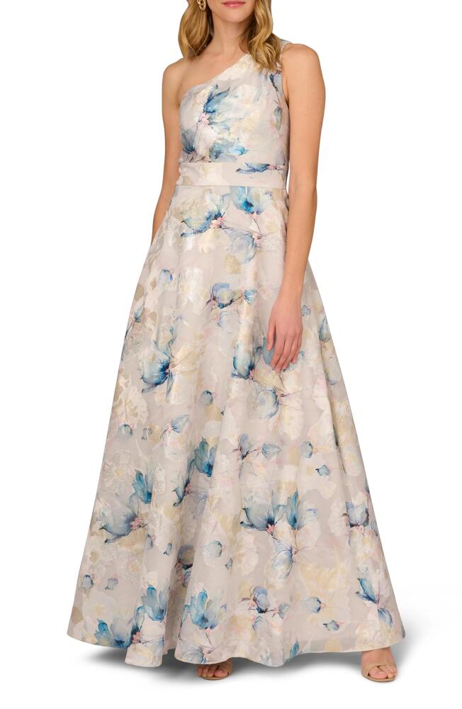 Aidan Mattox by Adrianna Papell Metallic Floral Jacquard One-Shoulder Gown in Blue Multi Cover