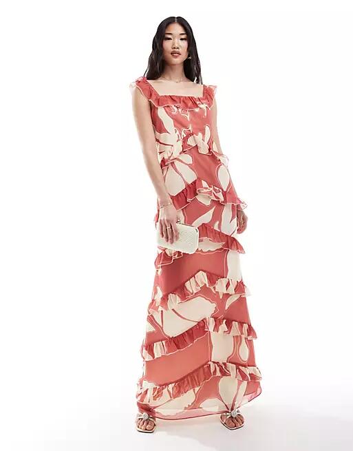 Pretty Lavish exclusive to ASOS Cecile ruffle maxi dress in terracotta floral-Red Cover