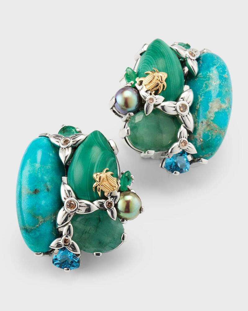 Stephen Dweck Turquoise, Malachite, Emerald, Blue Topaz, Pearl and Champagne Diamond Earrings Cover