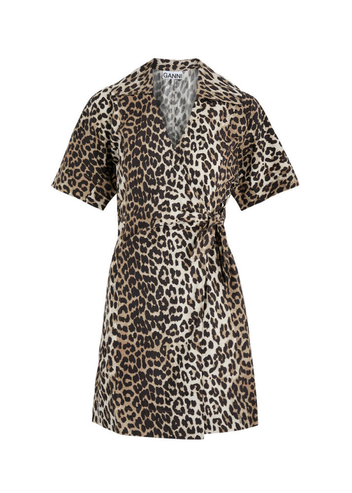 Ganni Leopard-print Cotton Mini Wrap Dress Cover