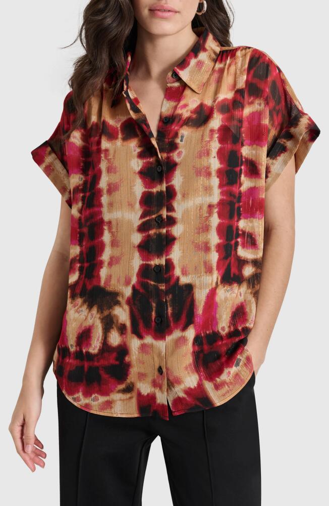 DKNY Metallic Crinkle Short Sleeve Chiffon Button-Up Shirt in Rippled Inkblot Cover