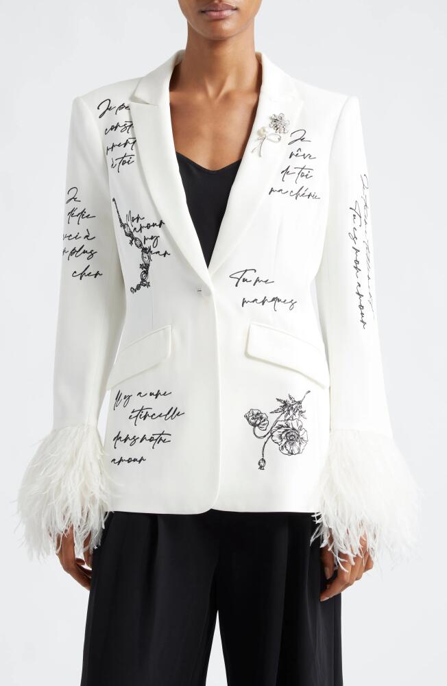 Cinq à Sept Cheyenne Love Letter Embroidered Feather Cuff Blazer in Ivory/Black Cover