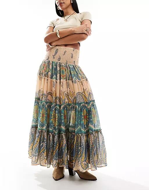 Free People boho print tiered maxi skirt in multi Cover