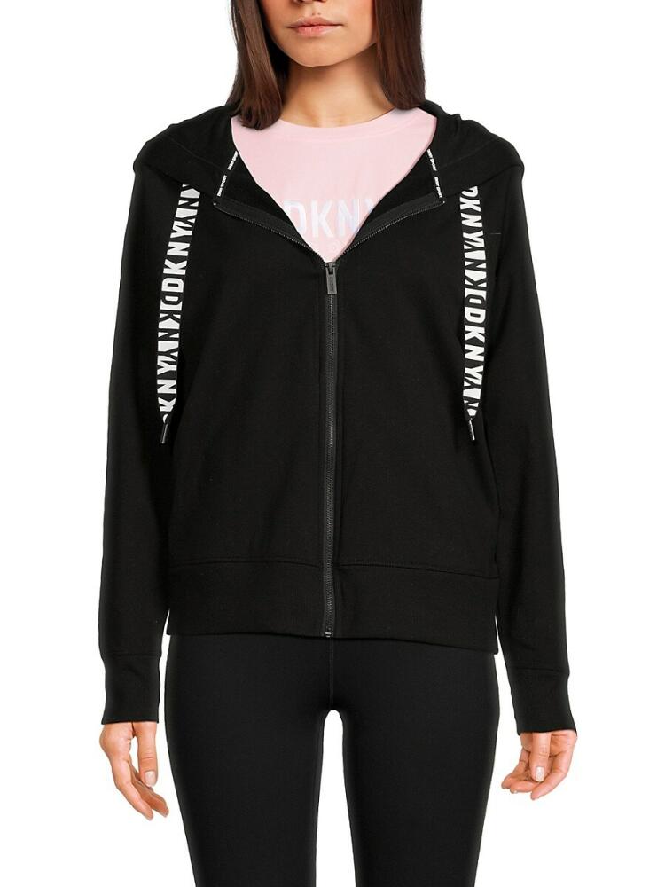 DKNY Sport Women's Logo Drawstring Zip Front Hoodie - Black Cover