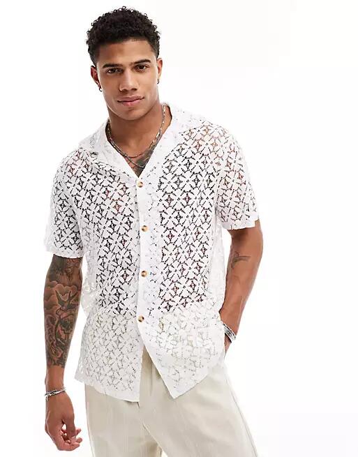 ASOS DESIGN short sleeve relaxed fit deep revere collar flower lace shirt in white Cover