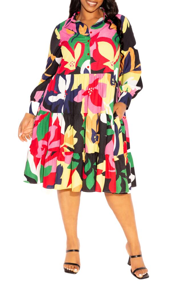 BUXOM COUTURE Floral Long Sleeve Shirtdress in Black Multi Cover