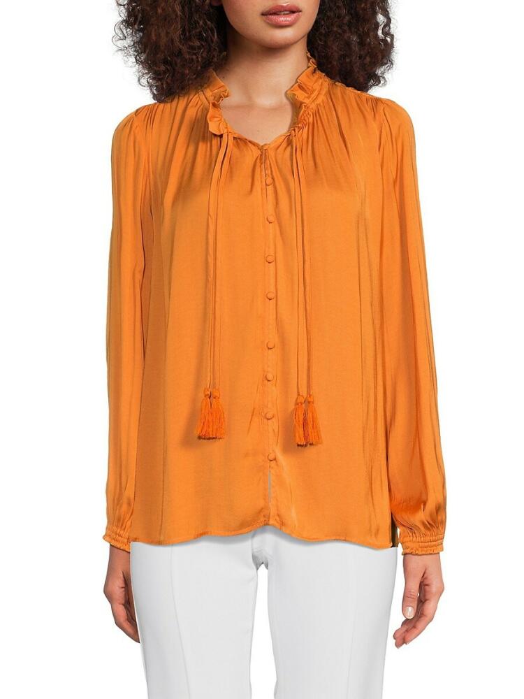 T Tahari Women's Tie Up Neckline Satin Shirt - Orange Cover