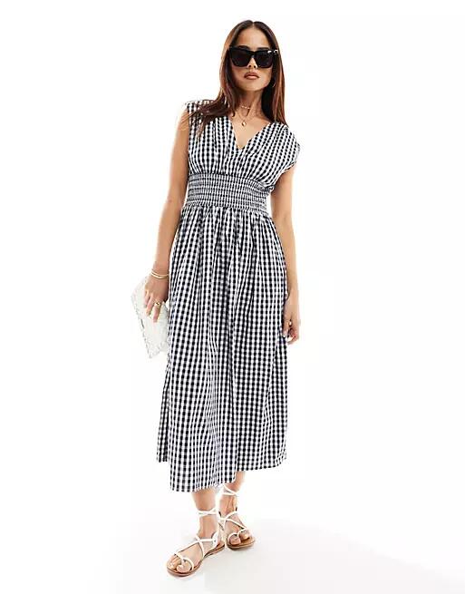 YAS shirred waist v neck midi dress in navy gingham-Multi Cover