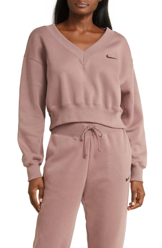 Nike Sportswear Phoenix Fleece V-Neck Crop Sweatshirt in Smokey Mauve/Black Cover