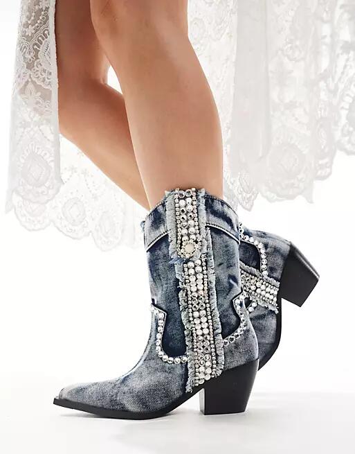 Azalea Wang Yannic western ankle boots in washed denim-Blue Cover