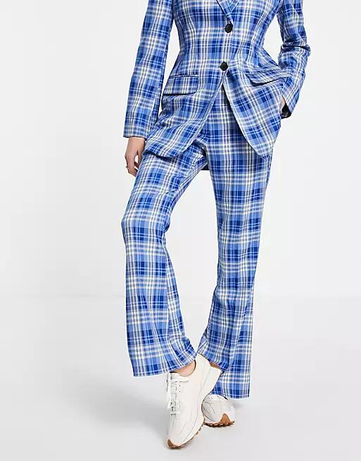 ASOS DESIGN flare suit pants in blue check-Blues Cover