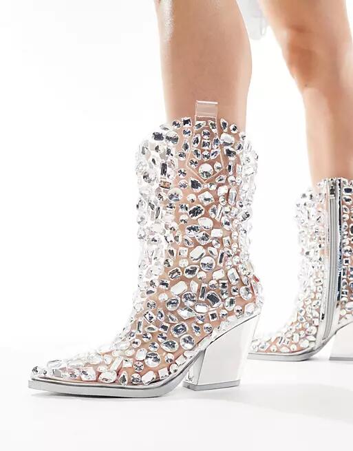 Azalea Wang Gemmy embellished western ankle boots in silver Cover