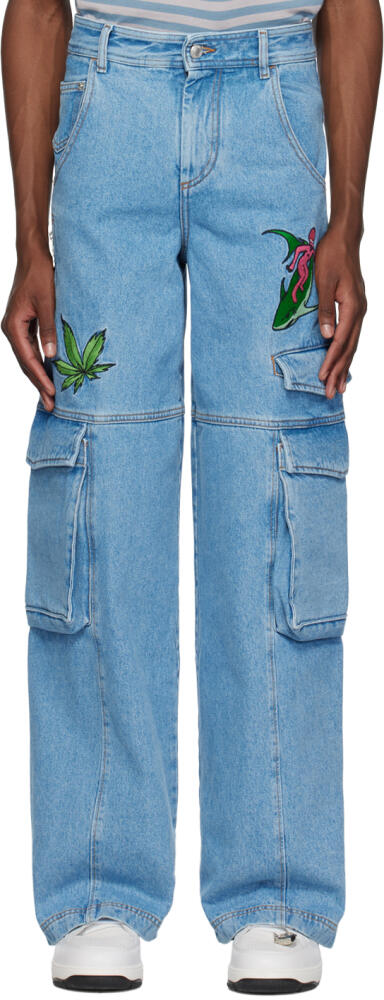 GCDS Blue Embroidered Denim Cargo Pants Cover