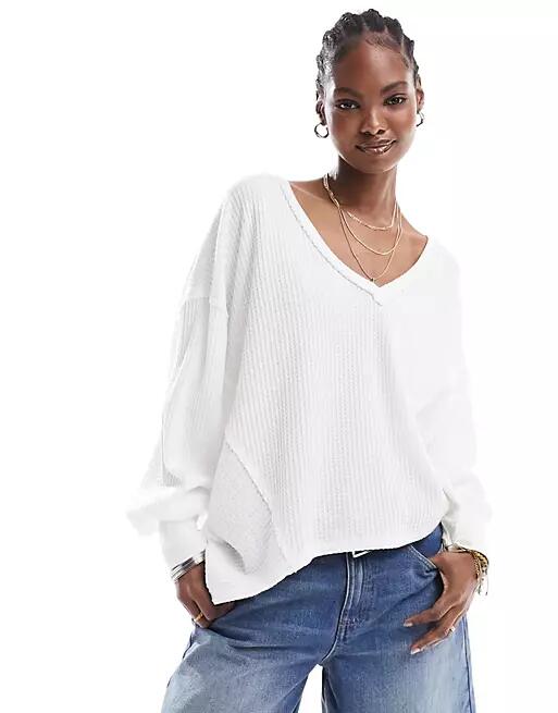 Free People ribbed v-neck slouchy oversized sweatshirt in ivory-White Cover