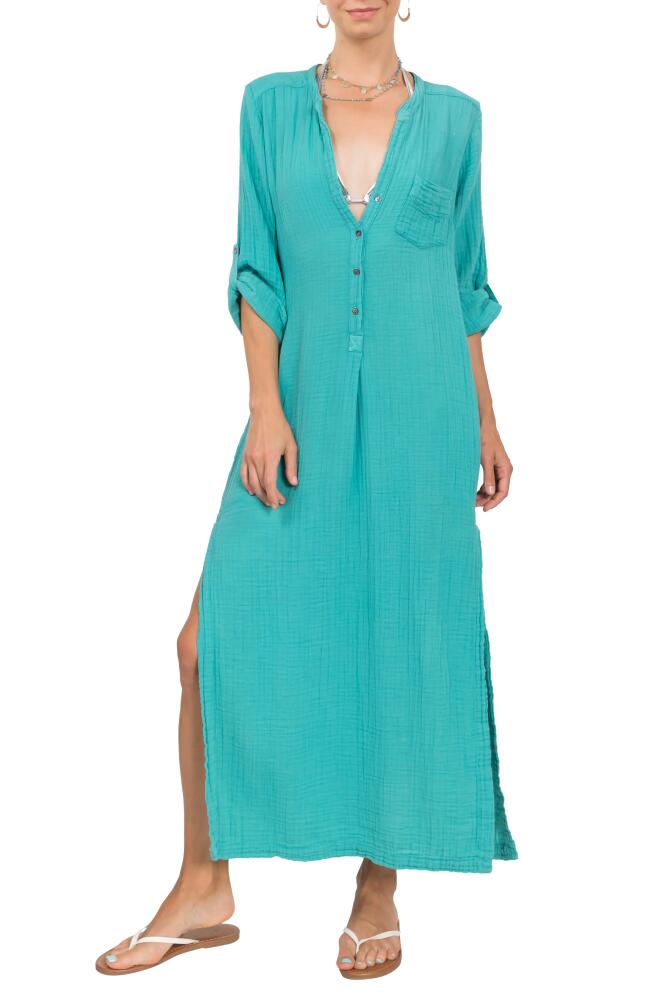 Everyday Ritual Button Front Cotton Gauze Caftan in Turquoise Cover