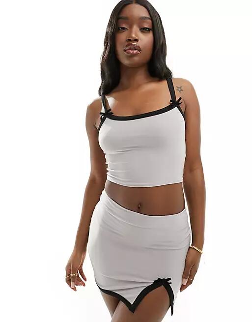 Kaiia contrast trim bow detail cami top in gray - part of a set Cover