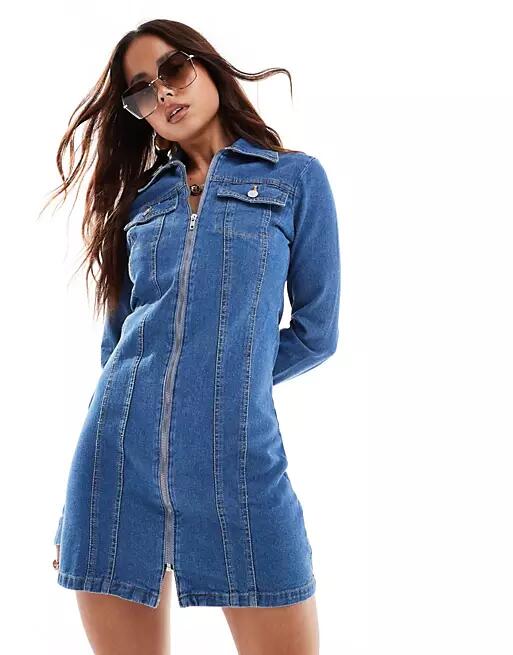 Miss Selfridge denim zip detail shirt dress in mid blue wash Cover