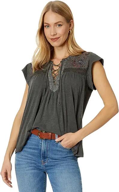 Lucky Brand Embroidered Lace-Up Top (Raven) Women's Clothing Cover