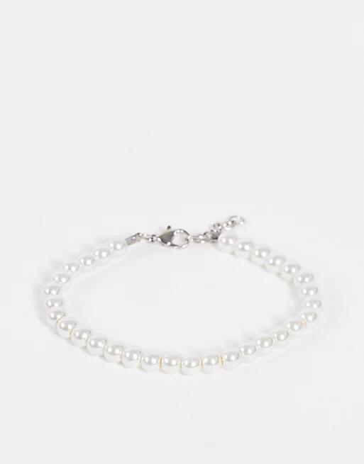 ASOS DESIGN 6mm glass faux pearl beaded bracelet in white-Multi Cover