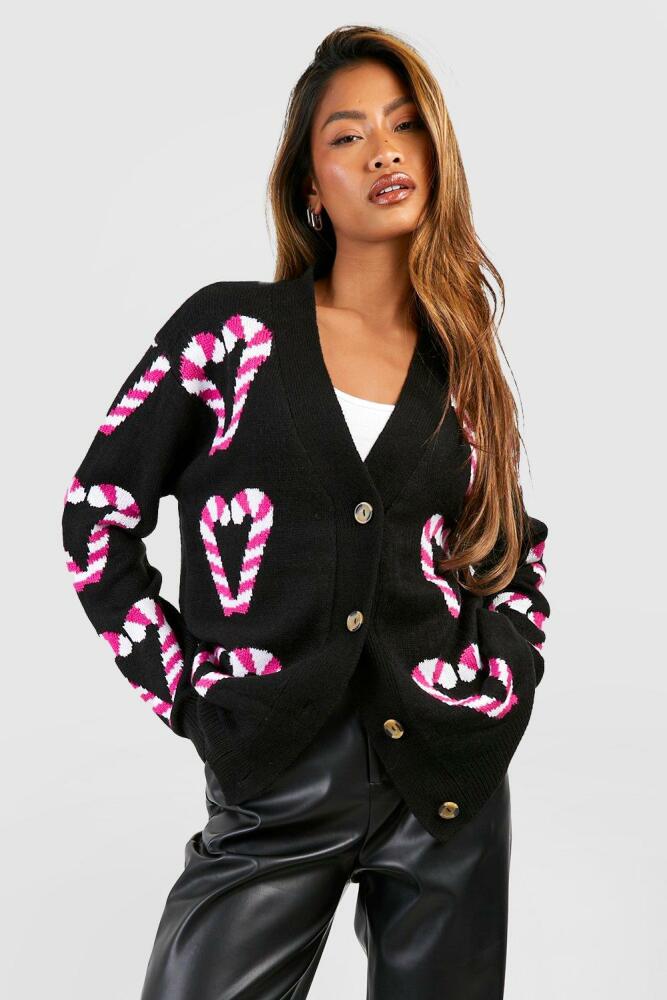 boohoo Womens Candy Cane Hearts Christmas Cardigan - Black Cover