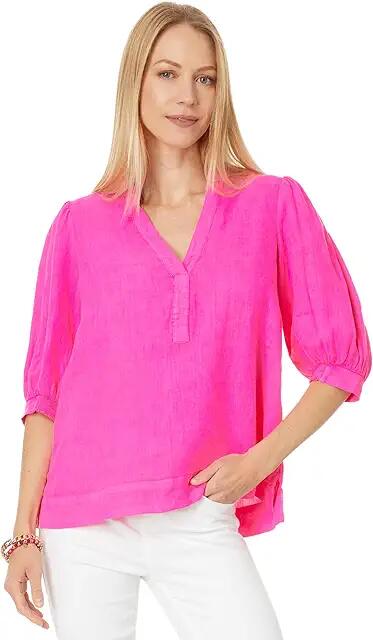 Lilly Pulitzer Mialeigh Elbow Sleeve Linen Top (Passion Fruit Pink) Women's Clothing Cover