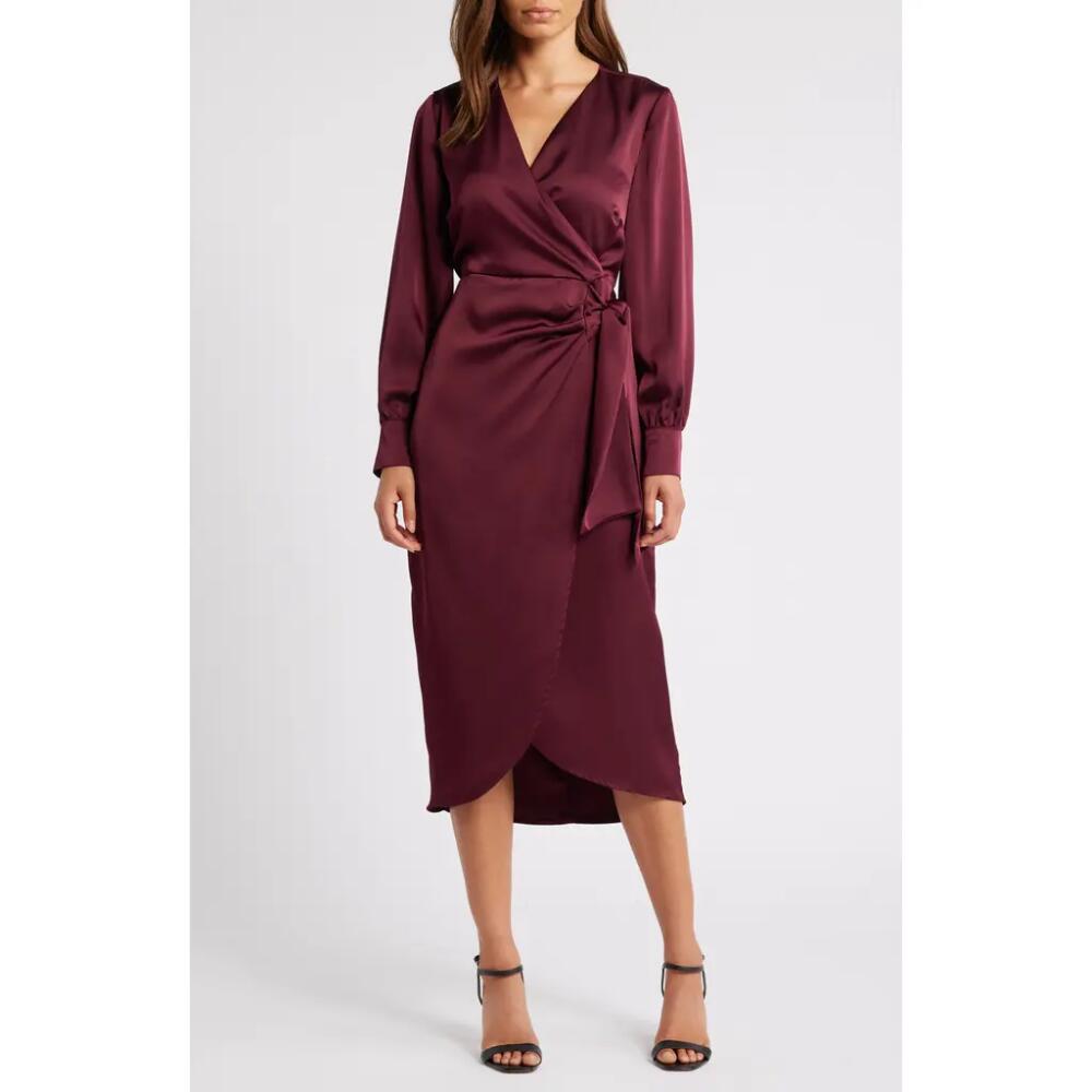 Sam Edelman Fluid Long Sleeve Satin Faux Wrap Midi Dress in Wine Cover