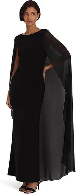 LAUREN Ralph Lauren Georgette-Cape Jersey Gown (Black) Women's Dress Cover