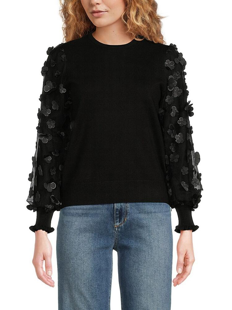 YAL New York Women's Floral Lace Knit Top - Black Cover