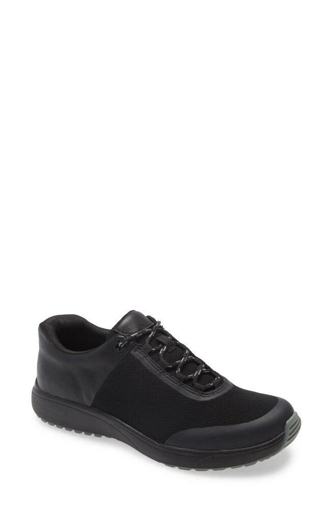 TRAQ by Alegria Jaunt Knit Sneaker in Black Leather Cover