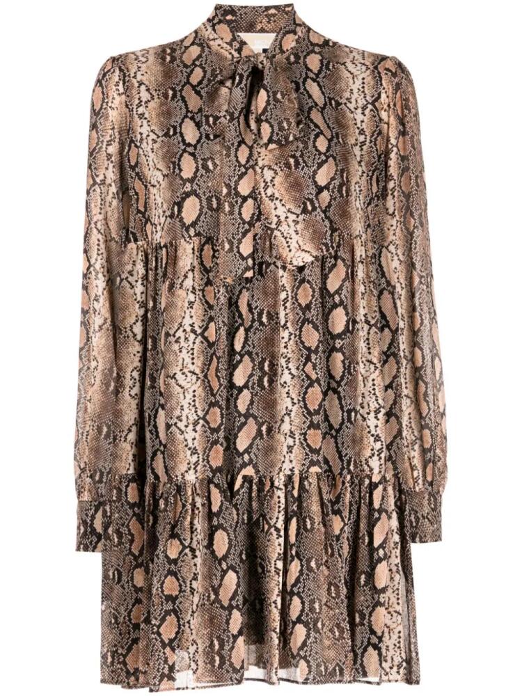 Michael Kors snakeskin-print pussy-bow minidress - Brown Cover