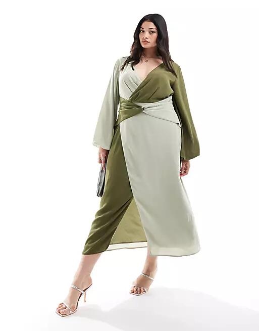 Pretty Lavish Curve knot front contrast midi dress in olive and sage-Green Cover